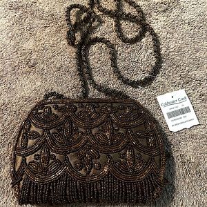 BNWT Coldwater Creek Beautiful Brown Beaded Fringe Framed Evening Bag